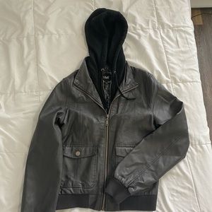 Dark Grey Fake Leather Hooded Jacket